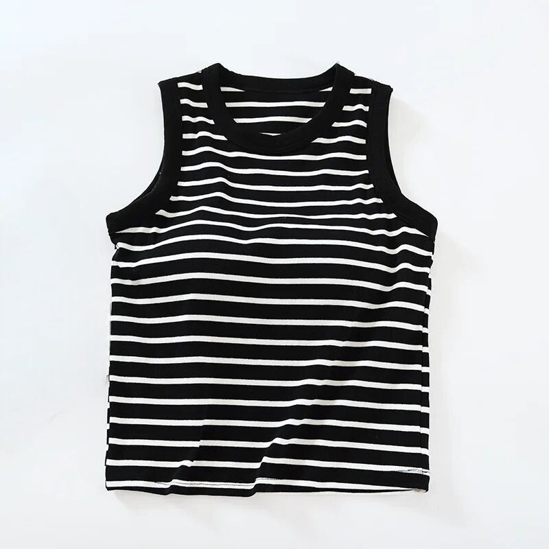 Summer Crop Tops with Built In Bra Knitted Striped Cotton