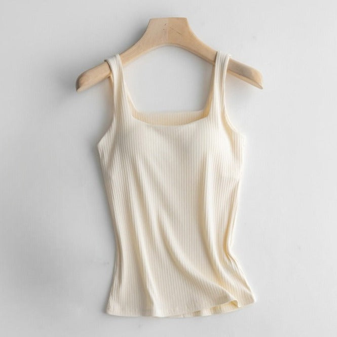 Square Neck Tank Top Shirt with Built In Bra Cotton
