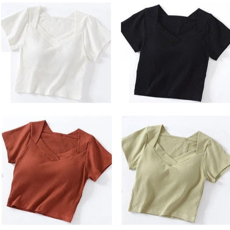 Crop Top V Neck T-Shirt with Built In Bra Cotton