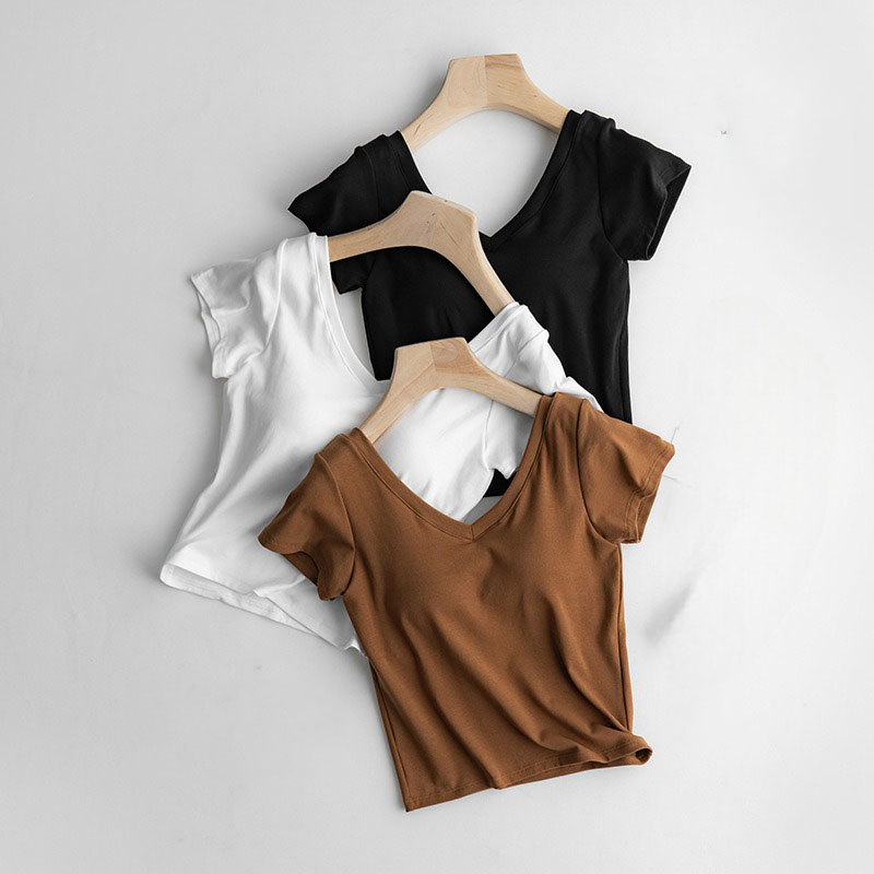 V Neck Crop T-Shirt Casual with Built In Bra Top Padding Cotton