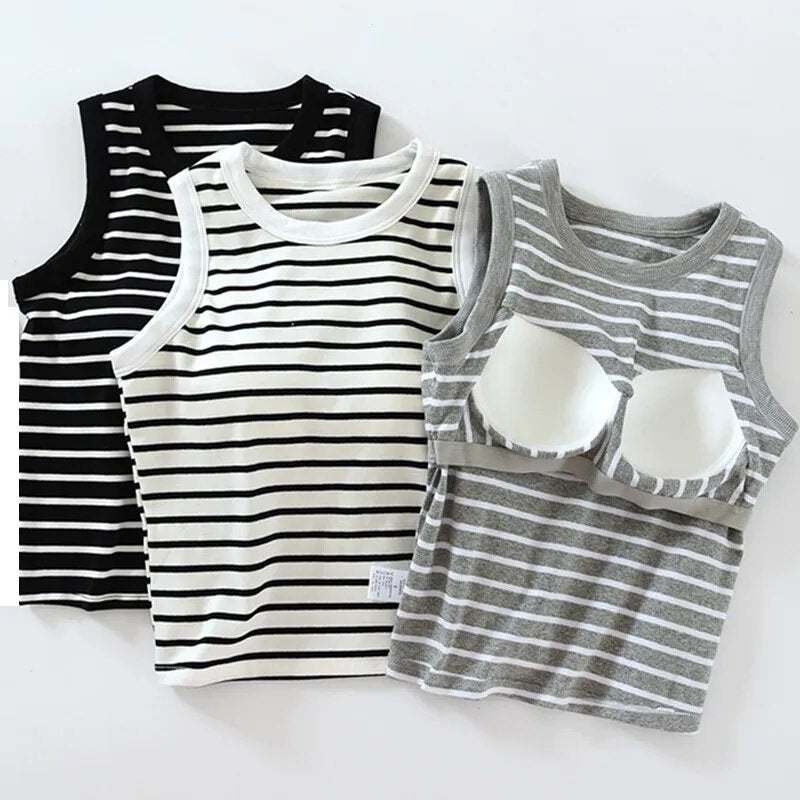 Summer Crop Tops with Built In Bra Knitted Striped Cotton